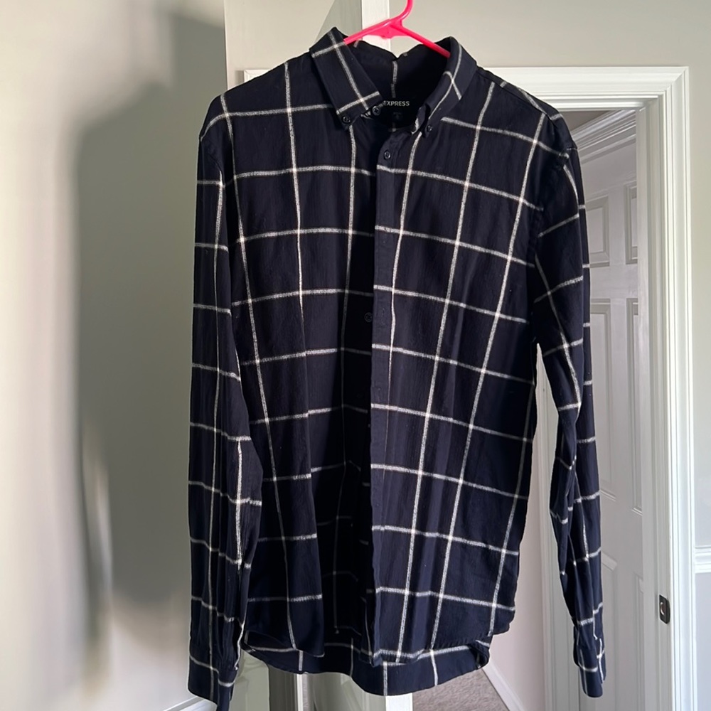 Express Mens Medium Plaid Button Down Casual Shirt Blue